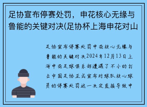 足协宣布停赛处罚，申花核心无缘与鲁能的关键对决(足协杯上海申花对山东鲁能)