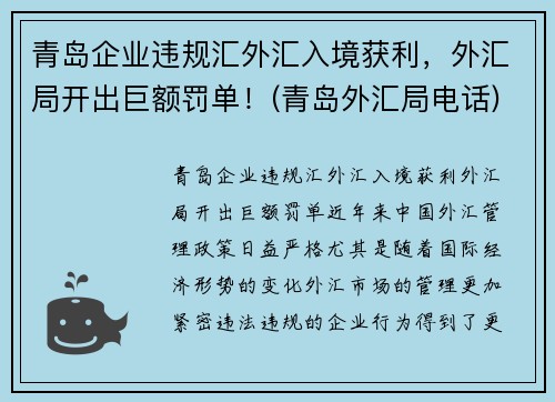 青岛企业违规汇外汇入境获利，外汇局开出巨额罚单！(青岛外汇局电话)