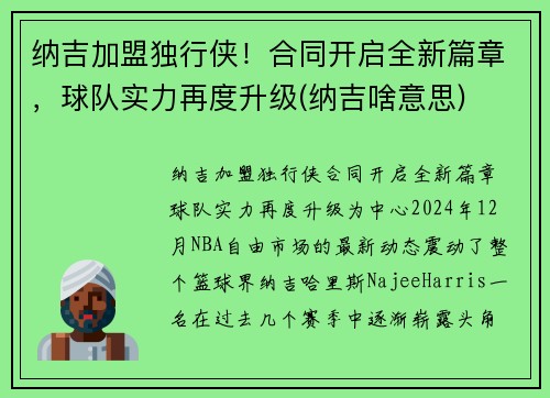 纳吉加盟独行侠！合同开启全新篇章，球队实力再度升级(纳吉啥意思)