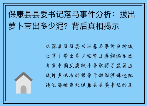 保康县县委书记落马事件分析：拔出萝卜带出多少泥？背后真相揭示