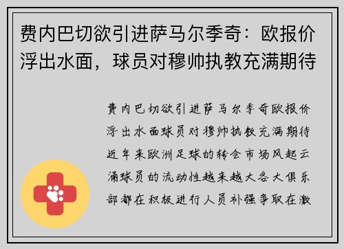 费内巴切欲引进萨马尔季奇：欧报价浮出水面，球员对穆帅执教充满期待