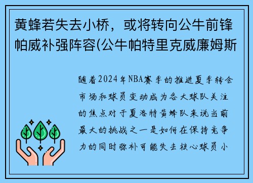 黄蜂若失去小桥，或将转向公牛前锋帕威补强阵容(公牛帕特里克威廉姆斯)